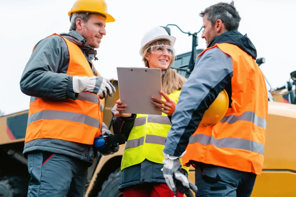 Site manager onboarding new workers at an active construction site