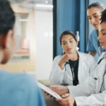Healthcare professionals discussing a patient’s care plan.